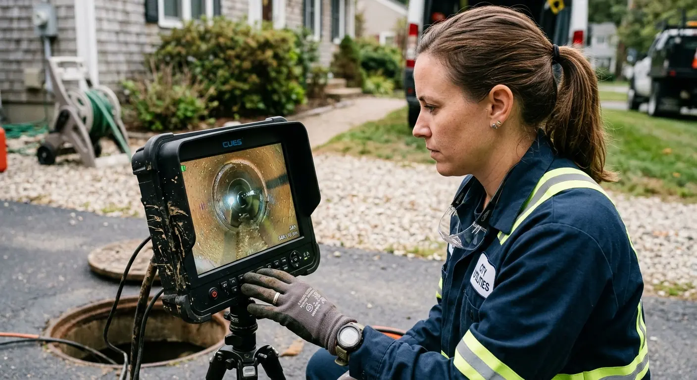 Technician reviewing sewer camera inspection footage in Hillsboro