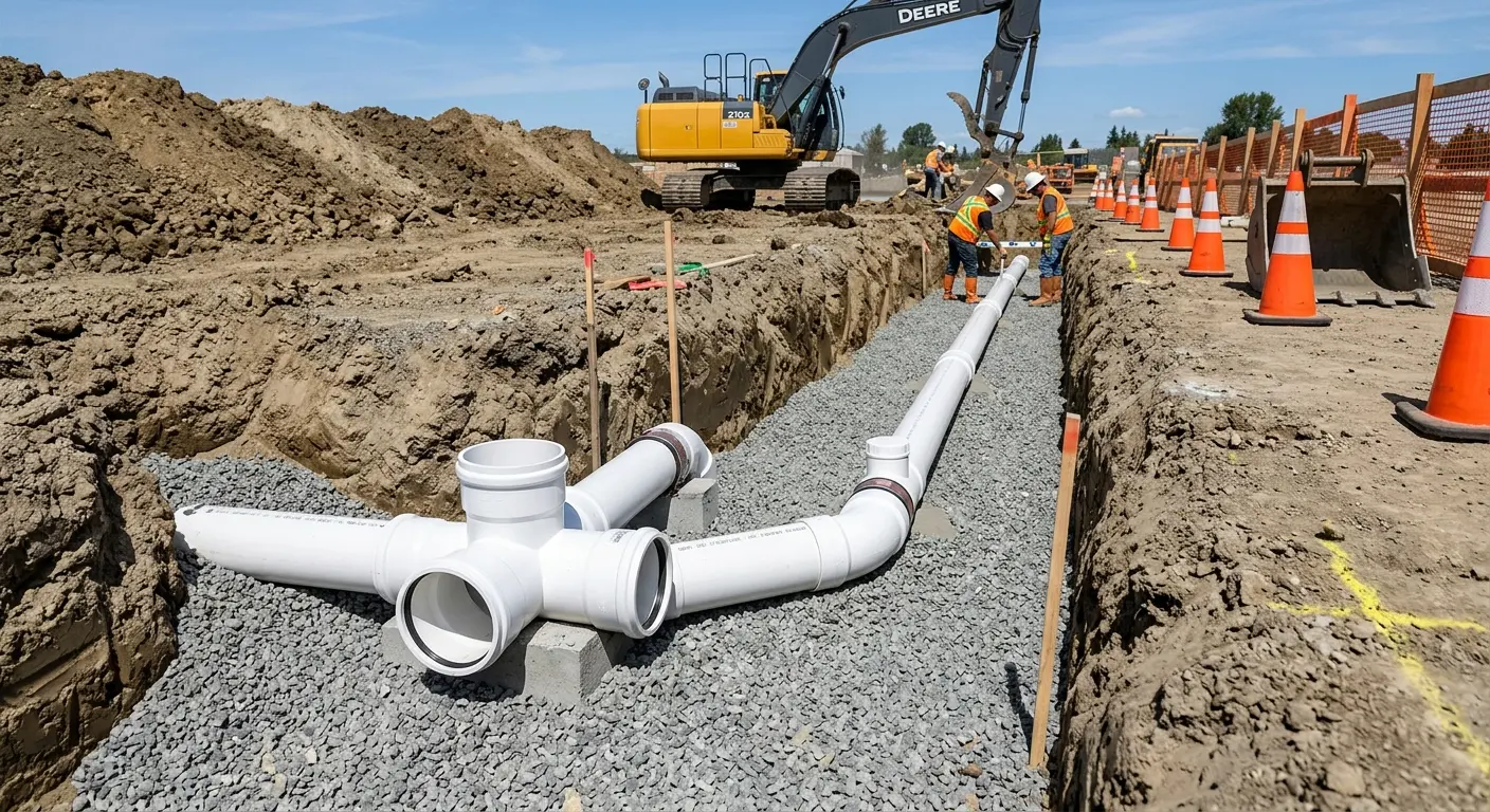 New PVC sewer pipe installation in open trench for Commercial Drain Cleaning in Hillsboro
