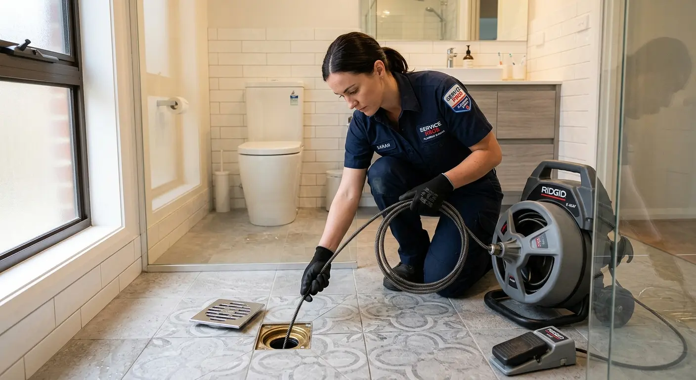 Technician clearing a bathroom floor drain for Clogged Drain Repair in Hillsboro